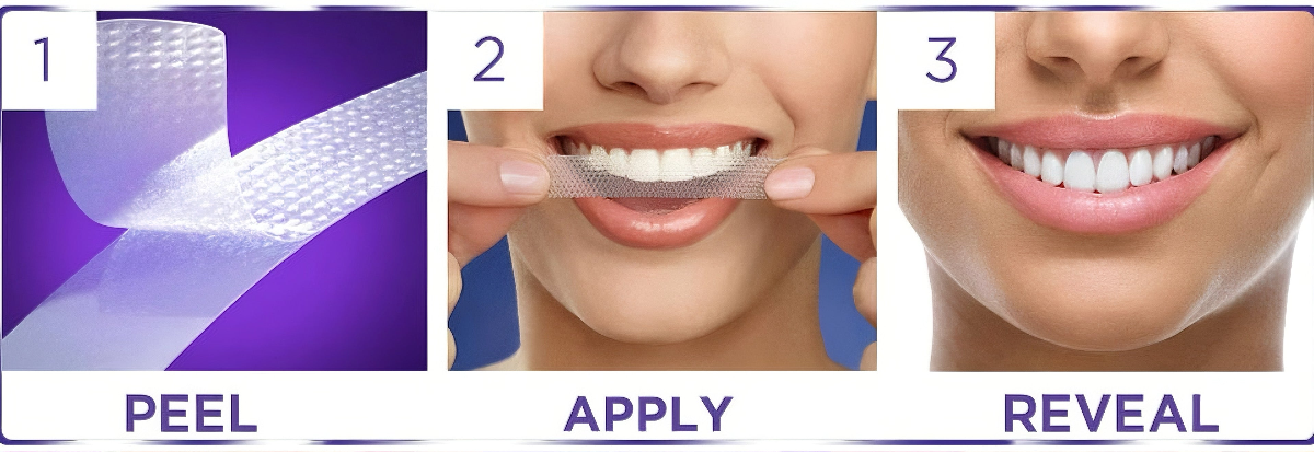 How to use PureGlow PAP Advanced Teeth Whitening Strips in 3 steps: peel, apply, reveal. Peroxide-free, sensitivity-free teeth whitening for sensitive teeth, enamel-safe, No-Slip Grip technology, UK at-home teeth whitening solution, up to 6 shades whiter teeth in 14 days.