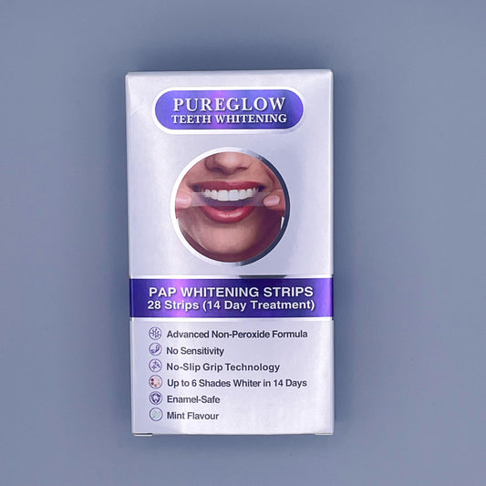 Pure Glow PAP Teeth Whitening Strips packaging – 28 strips (14-day treatment). Advanced peroxide-free formula for a brighter smile with no sensitivity. Enamel-safe, mint-flavored, and up to 6 shades whiter in 14 days.
