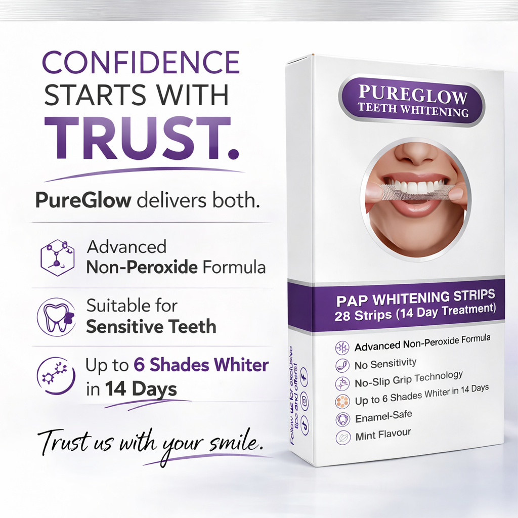 Pure Glow PAP teeth whitening strips packaging highlighting non peroxide formula suitable for sensitive teeth and up to 6 shades whiter in 14 days
