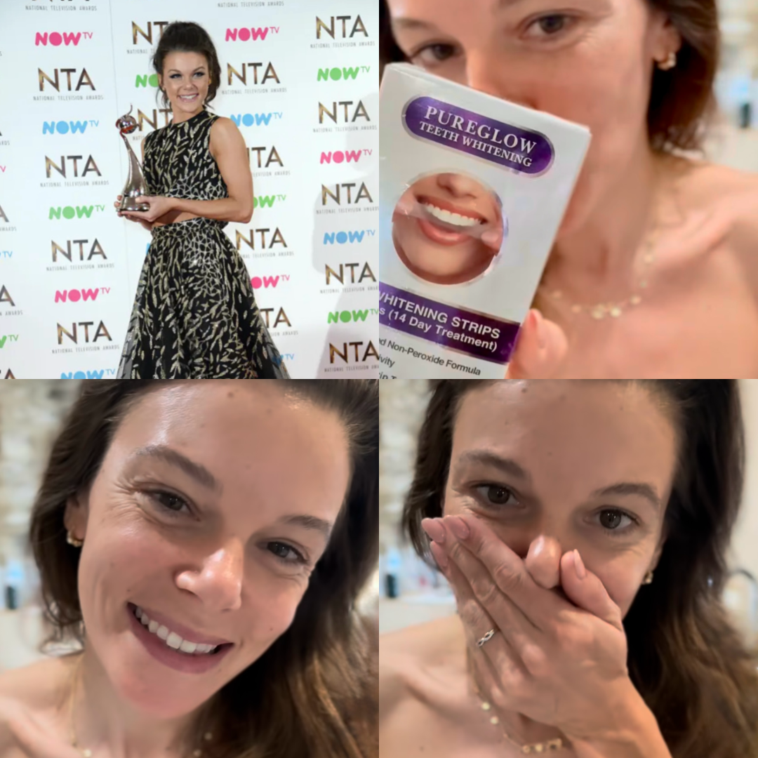 Faye Brookes using PureGlow PAP Whitening Strips in a testimonial-style image collage