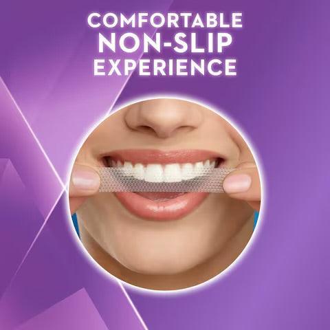 Smiling user applying PureGlow Whitening Strips with text "Comfortable Non-Slip Experience" — designed to stay in place for mess-free, effective teeth whitening without irritation.