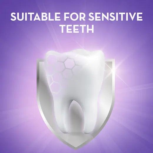PureGlow Teeth Whitening visual with glowing tooth icon and "Suitable for Sensitive Teeth" text, emphasizing safe, peroxide-free whitening for enamel protection.