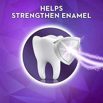 PureGlow visual showing a tooth being protected and strengthened, with the text "Helps Strengthen Enamel" on a vibrant purple background.