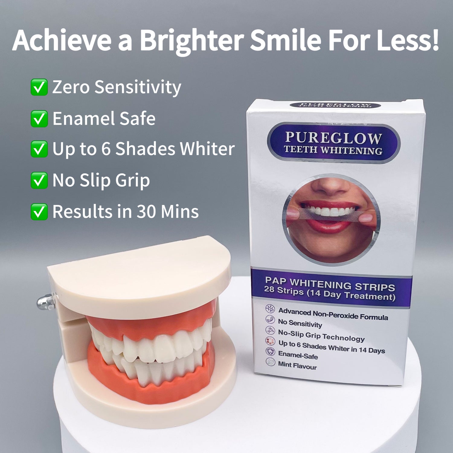 PureGlow Teeth Whitening Strips with benefits including zero sensitivity, enamel safe, up to 6 shades whiter, no slip grip, and results in 30 minutes. Image shows product box, smiling model, and dental model.
