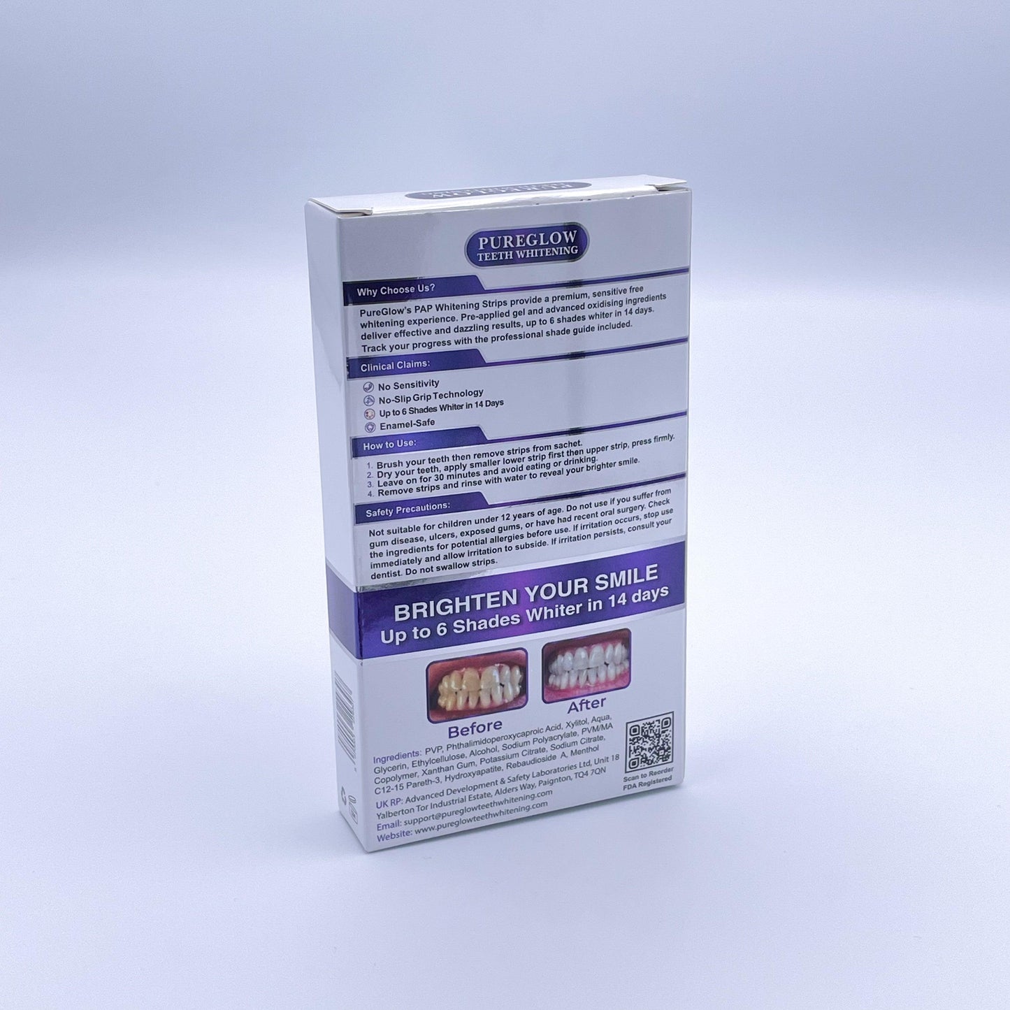 Side view of PureGlow Teeth Whitening Strips packaging showing product benefits, usage instructions, and brightening claims. Highlights up to 6 shades whiter results, enamel safety, and no sensitivity.