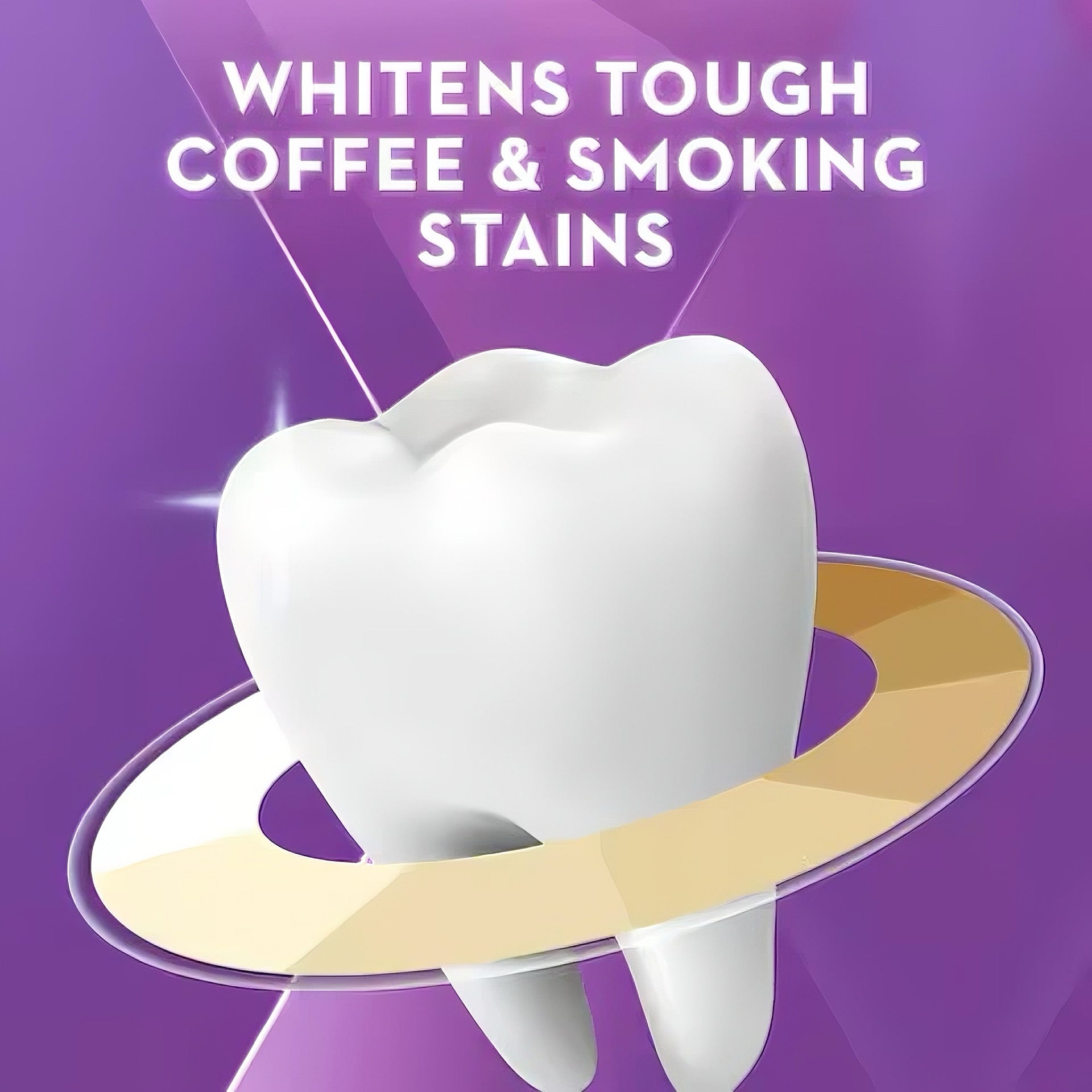 PureGlow Teeth Whitening graphic showing a white tooth and the message "Whitens Tough Coffee & Smoking Stains" — ideal for lifting deep surface stains naturally without peroxide.