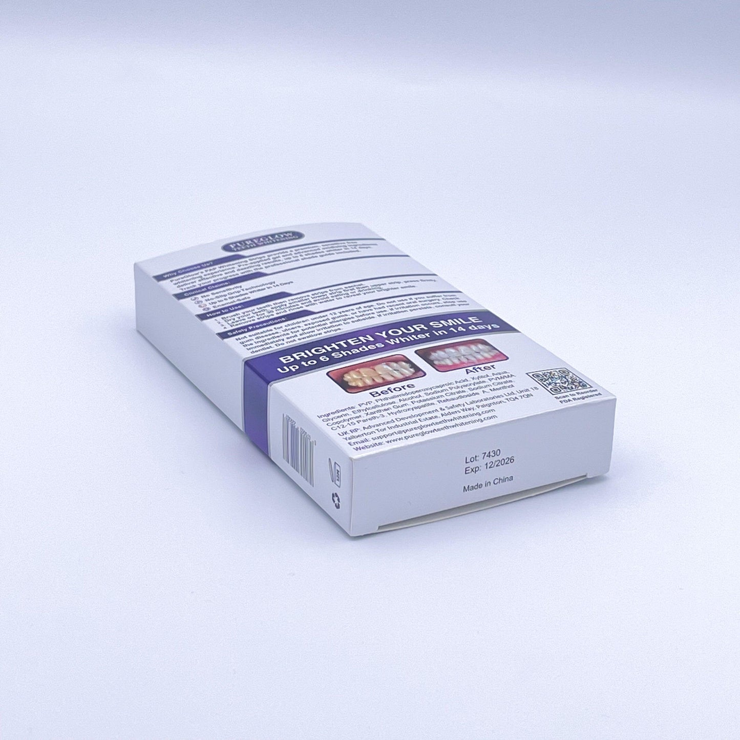Back view of PureGlow Teeth Whitening Strips packaging showing ingredients, product instructions, QR code, and branding. Designed for safe, peroxide-free teeth whitening for sensitive teeth.