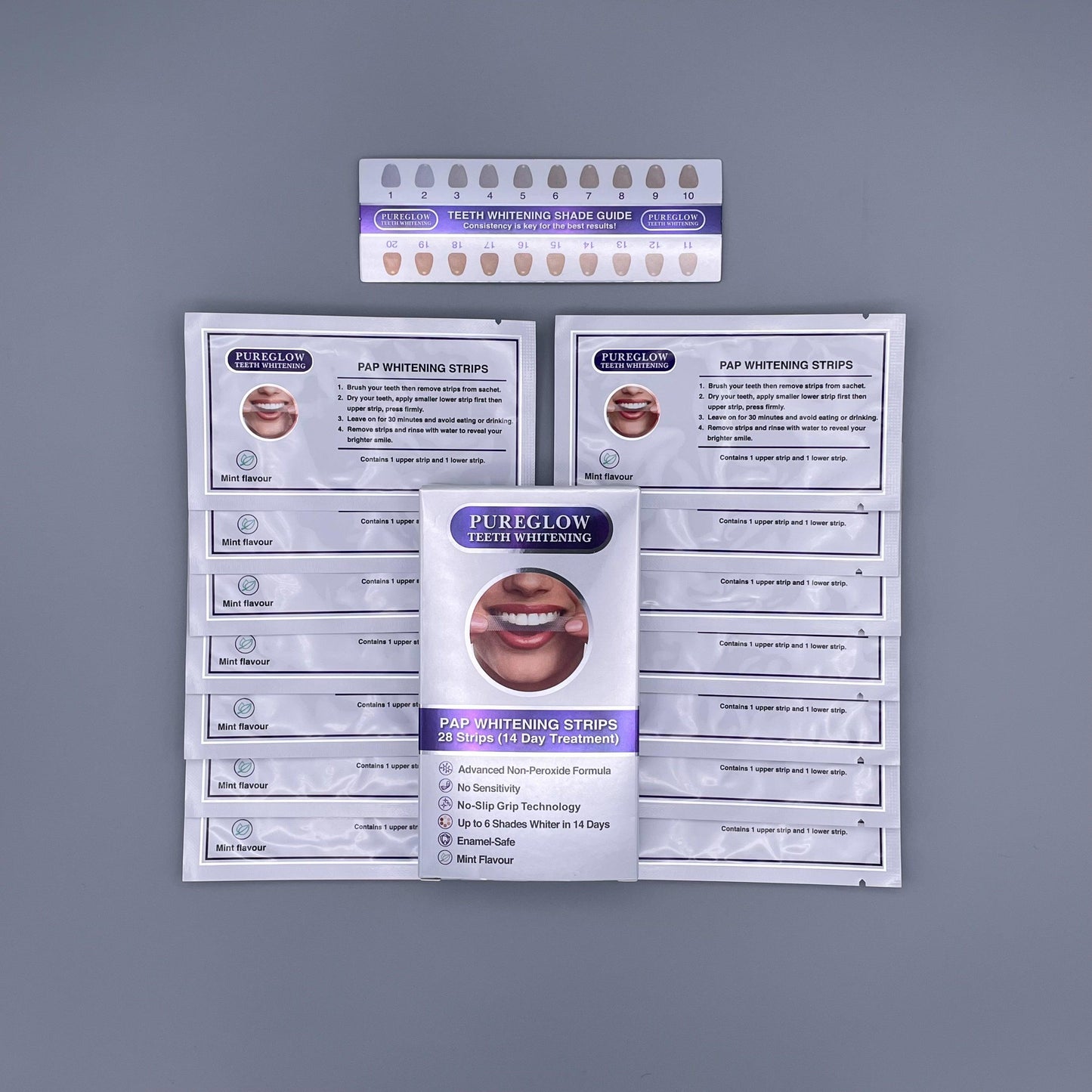 Full PureGlow Teeth Whitening Strips kit showing open box, individual strip sachets, shade guide, and instruction leaflet. Designed for peroxide-free, enamel-safe whitening with visible results.