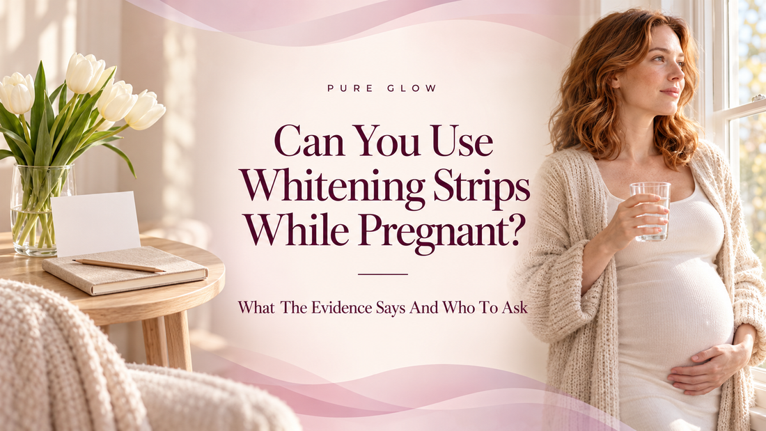 Pure Glow banner reading Can You Use Whitening Strips While Pregnant, What The Evidence Says And Who To Ask, centred on a soft blush background between white tulips and a blank card on a table and a pregnant woman holding water at a window.