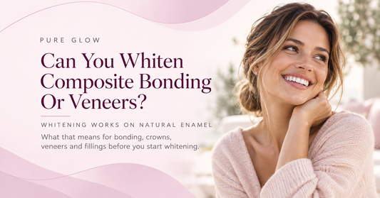 Pure Glow banner reading Can You Whiten Composite Bonding Or Veneers, with the line whitening works on natural enamel, beside a smiling woman in soft daylight.