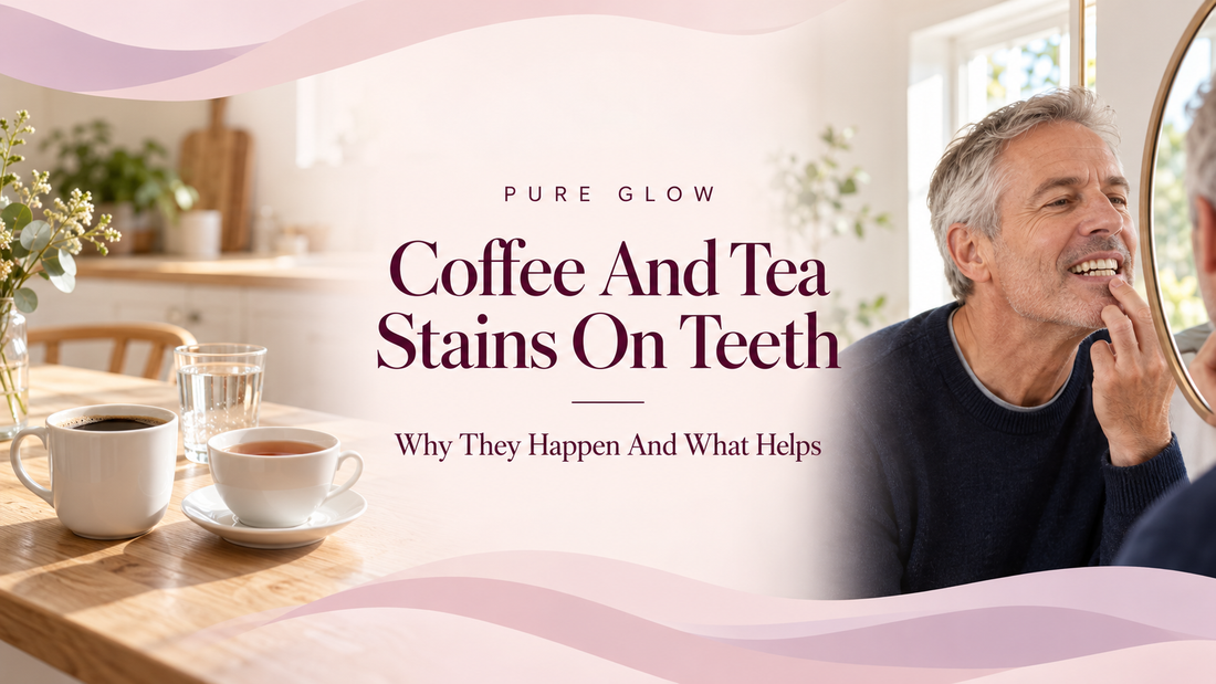 Pure Glow banner reading Coffee And Tea Stains On Teeth, Why They Happen And What Helps, centred on a soft blush background between cups of coffee and tea on a kitchen table and a silver haired man checking his teeth in a mirror.