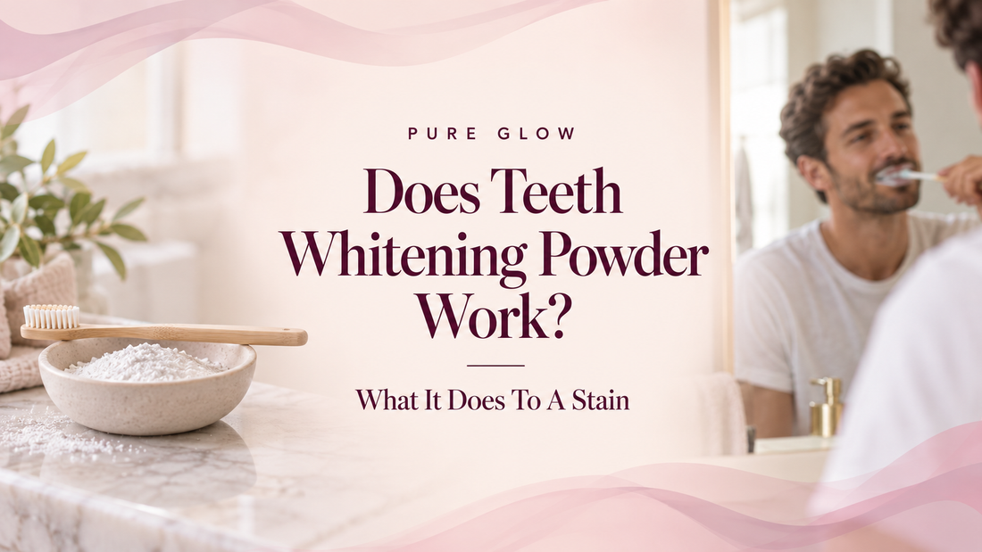 Teeth whitening powder beside a toothbrush and a man brushing his teeth, for Pure Glow's guide to whitening powder
