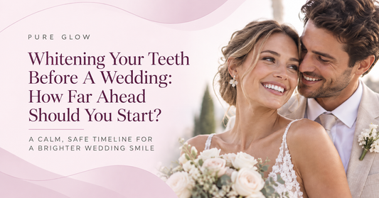 Pure Glow header graphic reading Whitening Your Teeth Before A Wedding, How Far Ahead Should You Start, beside a smiling bride and groom