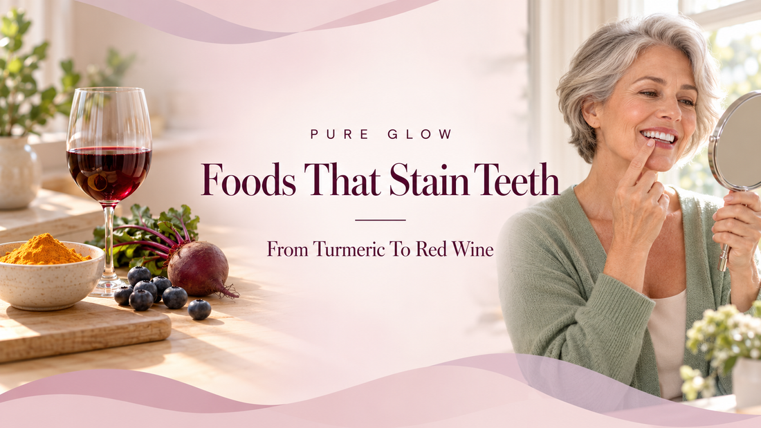 Pure Glow banner reading Foods That Stain Teeth, From Turmeric To Red Wine, centred on a soft blush background between turmeric, red wine, blueberries and a beetroot on a worktop and a woman checking her teeth in a hand mirror.