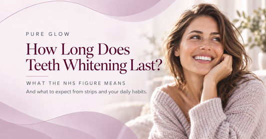 Pure Glow banner reading How Long Does Teeth Whitening Last, with the line what the NHS figure means, beside a smiling woman in soft daylight.