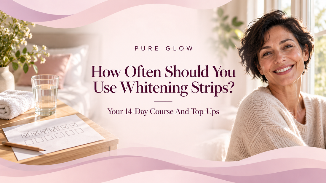 Pure Glow banner reading How Often Should You Use Whitening Strips, Your 14-Day Course And Top-Ups, centred on a soft blush background between a ticked chart, water and towel on a bedside table and a smiling dark haired woman at a window.
