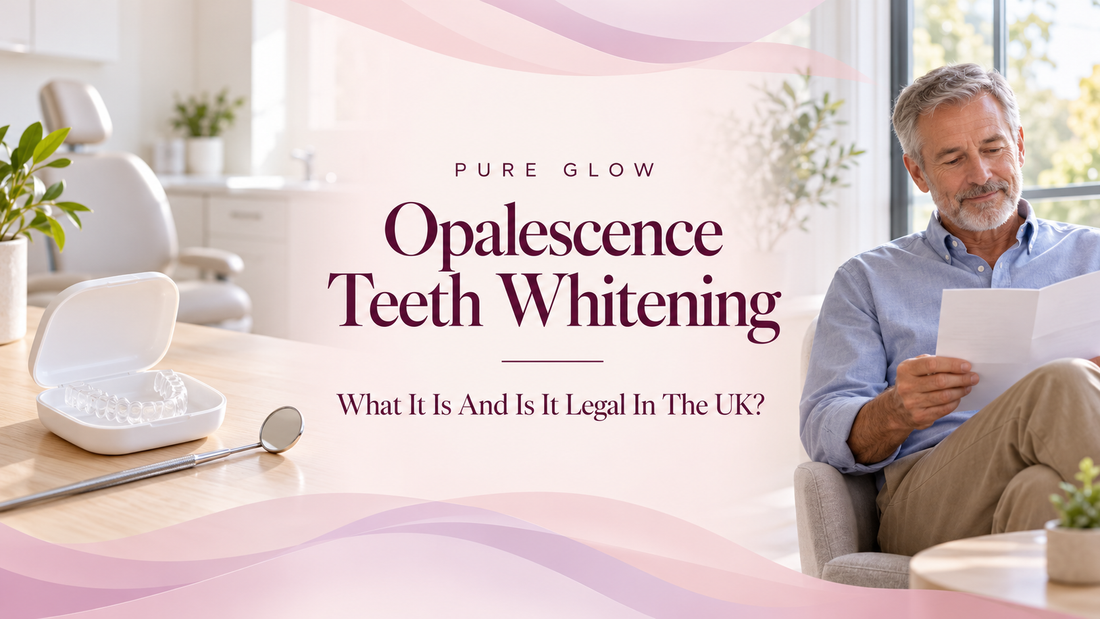Pure Glow banner reading Opalescence Teeth Whitening, What It Is And Is It Legal In The UK, centred on a soft blush background between a clear whitening tray in a case on a dental desk and a grey haired man reading by a window.