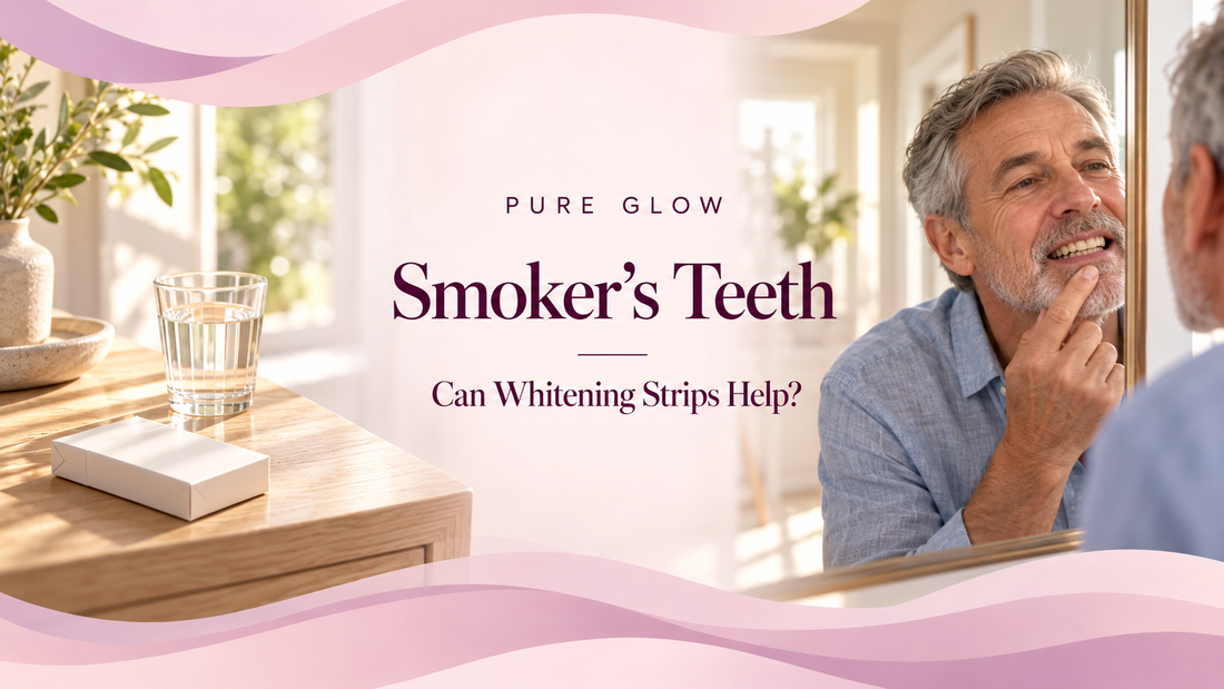 Pure Glow banner reading Smoker's Teeth, Can Whitening Strips Help, centred on a soft blush background between a blank cigarette packet resting on an oak table beside a glass of water and a grey bearded man checking his teeth in a mirror.