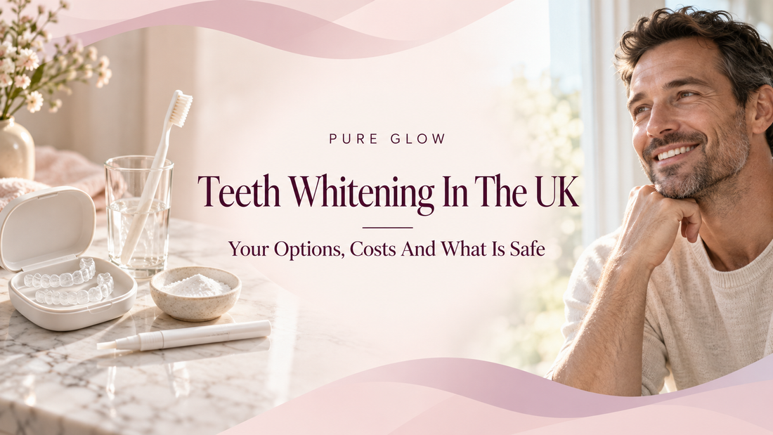 Pure Glow banner reading Teeth Whitening In The UK, Your Options, Costs And What Is Safe, centred on a soft blush background between whitening trays, a toothbrush, powder and a whitening pen on marble and a smiling bearded man at a window.