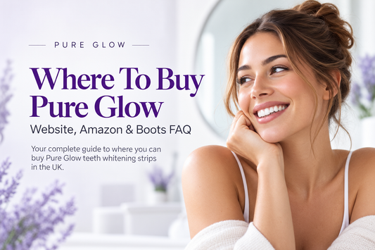 Pure Glow header graphic reading Where To Buy Pure Glow, Website, Amazon and Boots FAQ, beside a smiling woman resting her chin on her hand
