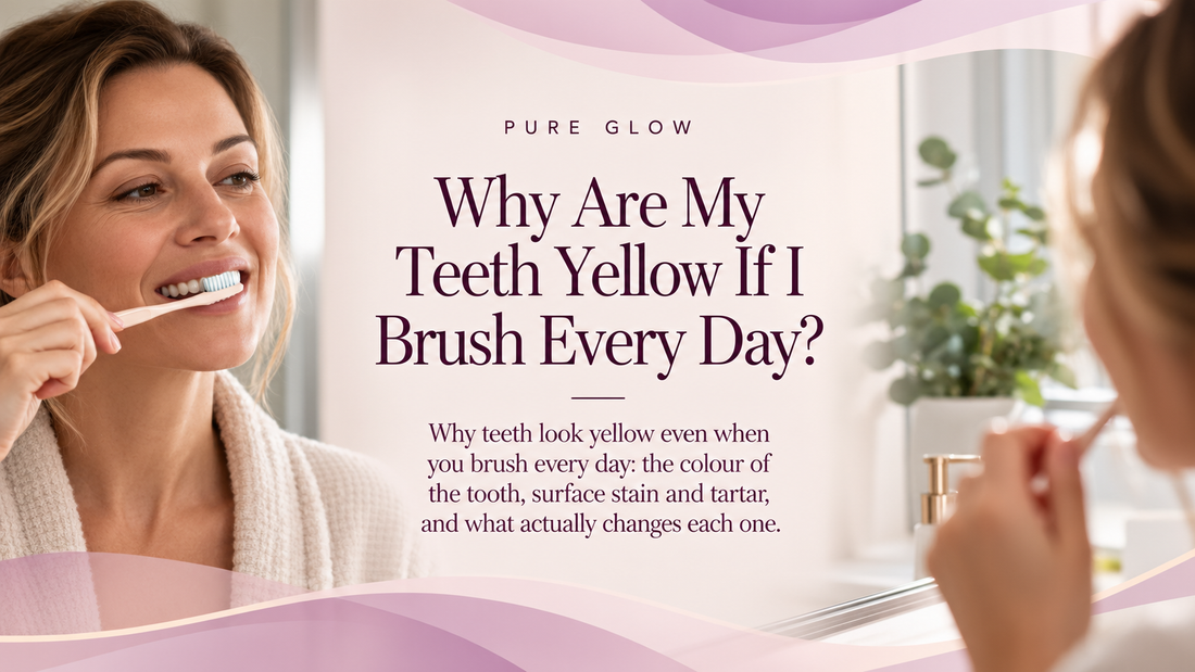 Pure Glow banner reading Why Are My Teeth Yellow If I Brush Every Day, beside a woman brushing her teeth at a bathroom mirror.