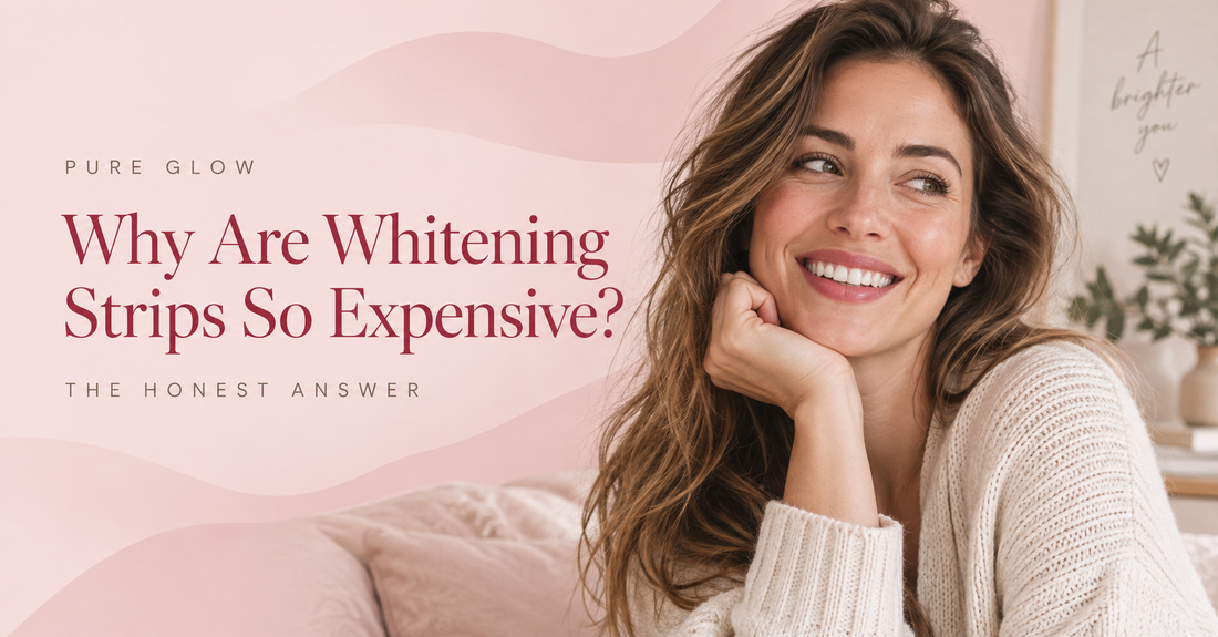 Pure Glow header graphic reading Why Are Whitening Strips So Expensive, The Honest Answer, beside a smiling woman resting her chin on her hand in a soft pink room