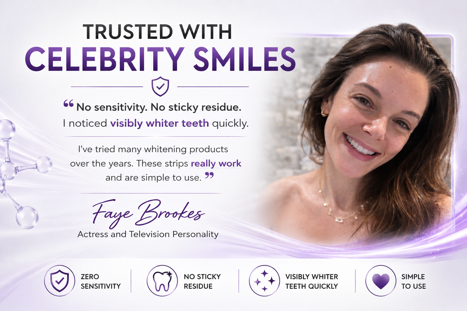 Faye Brookes and her review of Pure Glow Teeth Whitening Strips, stating how easy they are to use and why she loves them.