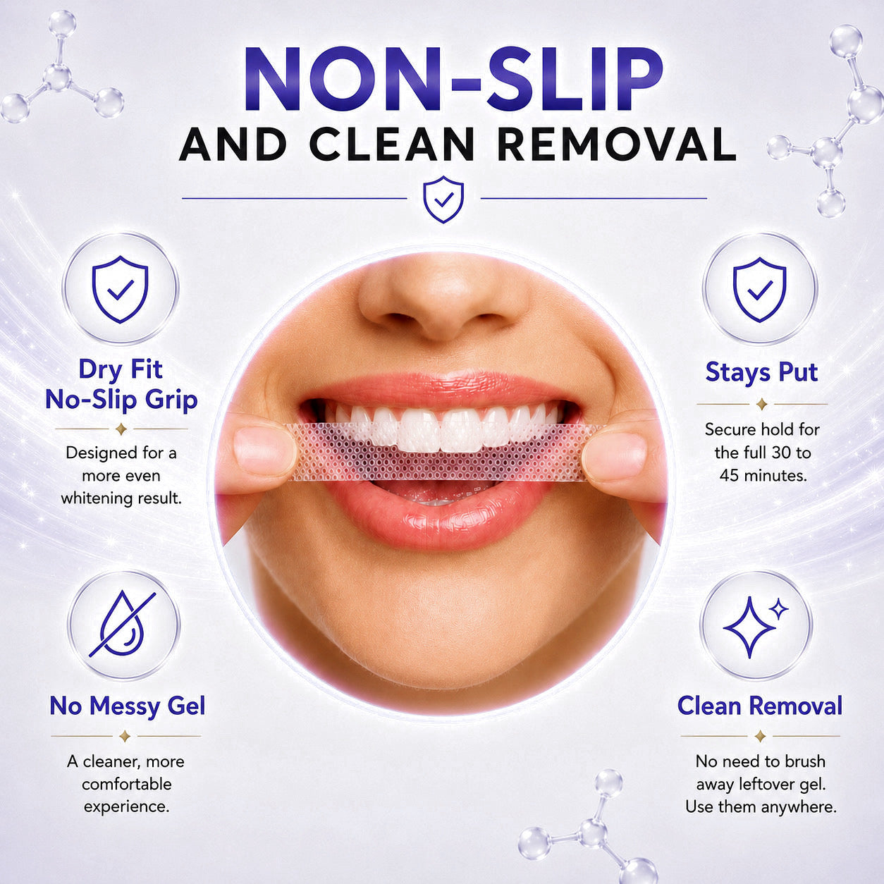 Pure Glow non-slip teeth whitening strips showing dry-fit grip, no messy gel, clean removal and secure hold for comfortable even whitening.