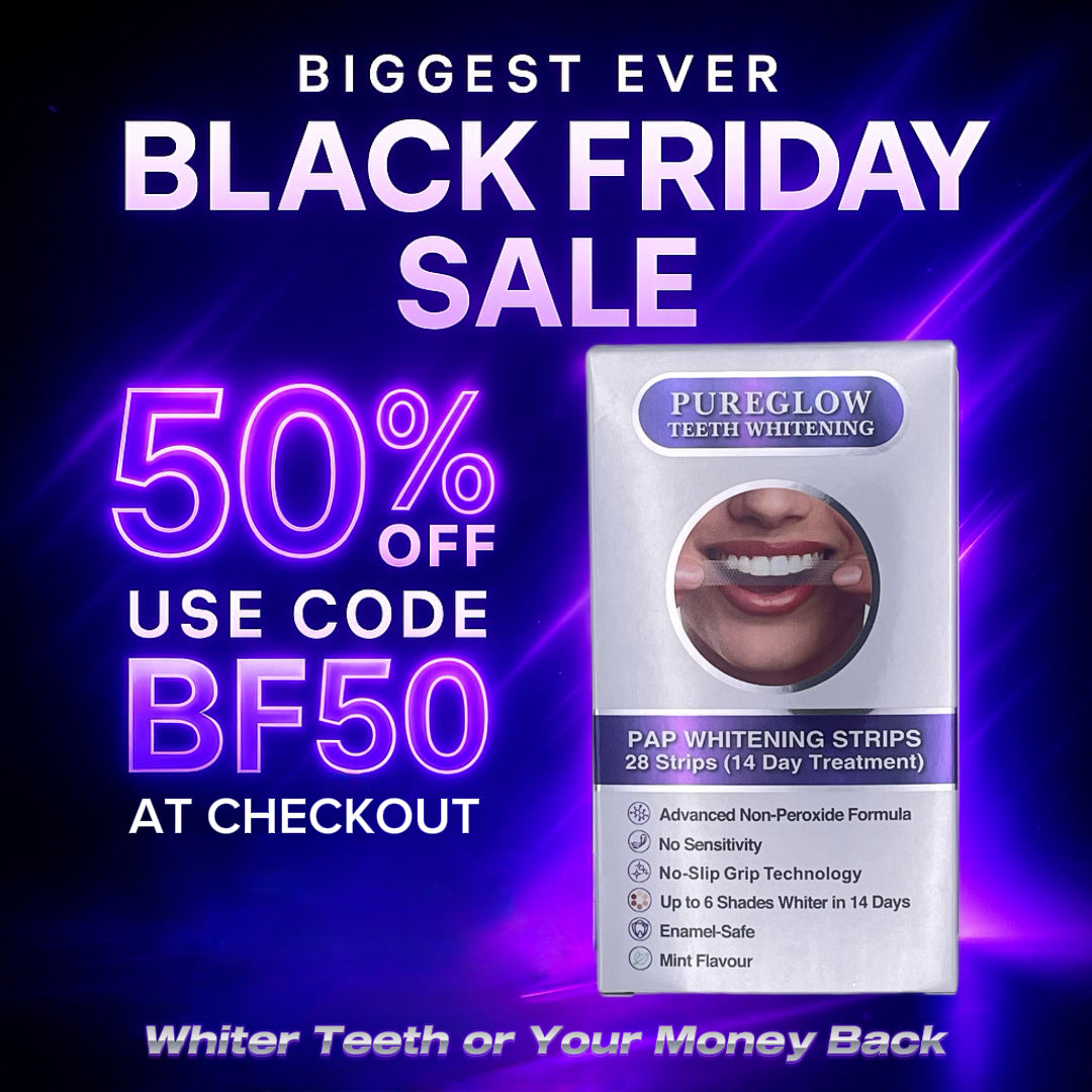 PureGlow Teeth Whitening Black Friday promotion showing a box of PAP Whitening Strips beside bold text offering 50% off with code BF50.