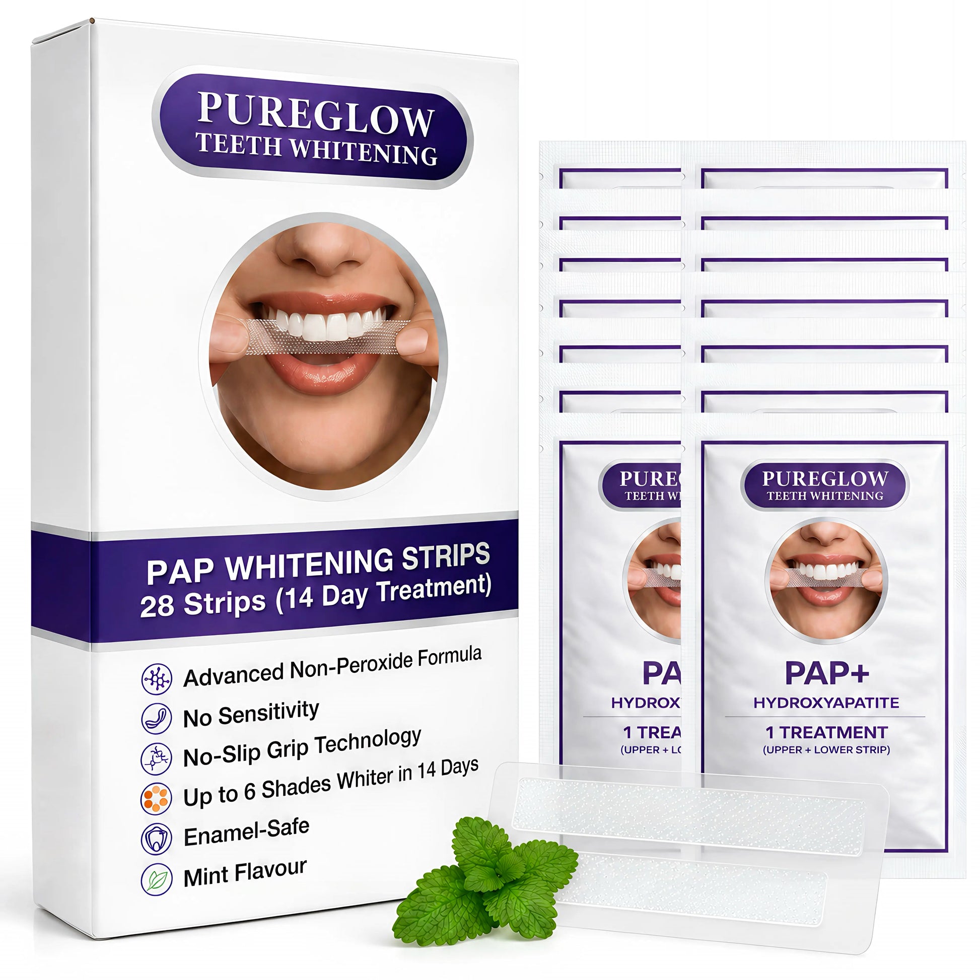 Pure Glow teeth whitening strips 28 strip box with whitening sachets, non peroxide formula, no sensitivity and enamel safe whitening.
