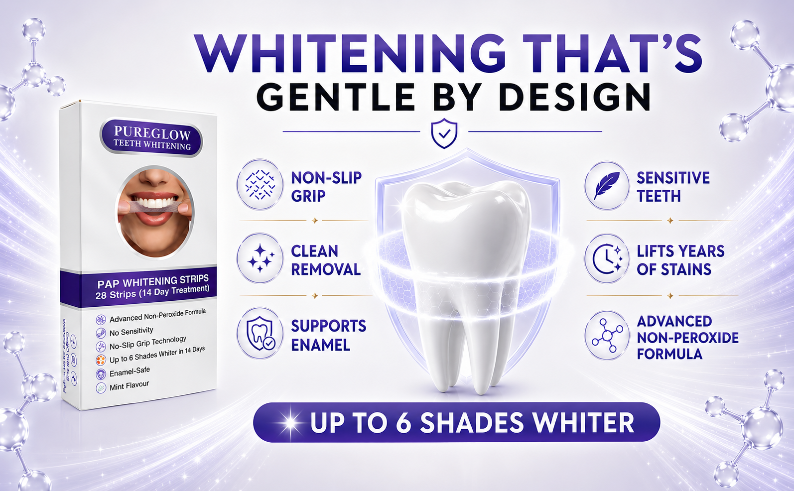 Pure Glow PAP whitening strips for sensitive teeth with a non-peroxide formula, non-slip grip, clean removal and hydroxyapatite enamel support, designed to deliver up to 6 shades whiter in 14 days.
