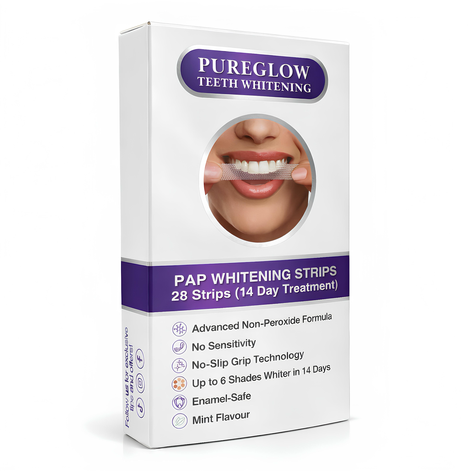 Pure Glow PAP teeth whitening strips box with hydroxyapatite enamel-safe whitening formula delivering up to 6 shades whiter teeth in 14 days