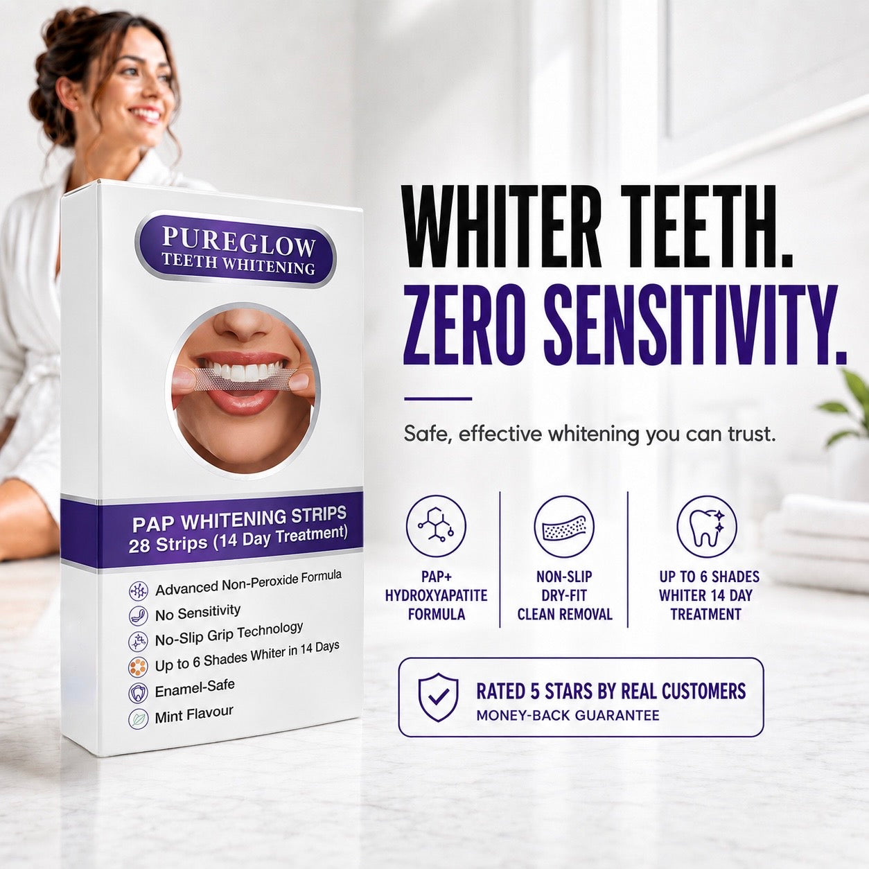 Pure Glow PAP teeth whitening strips hero image showing peroxide free whitening strips for sensitive teeth, zero sensitivity formula, up to 14 day visible results and trusted at home teeth whitening kit.