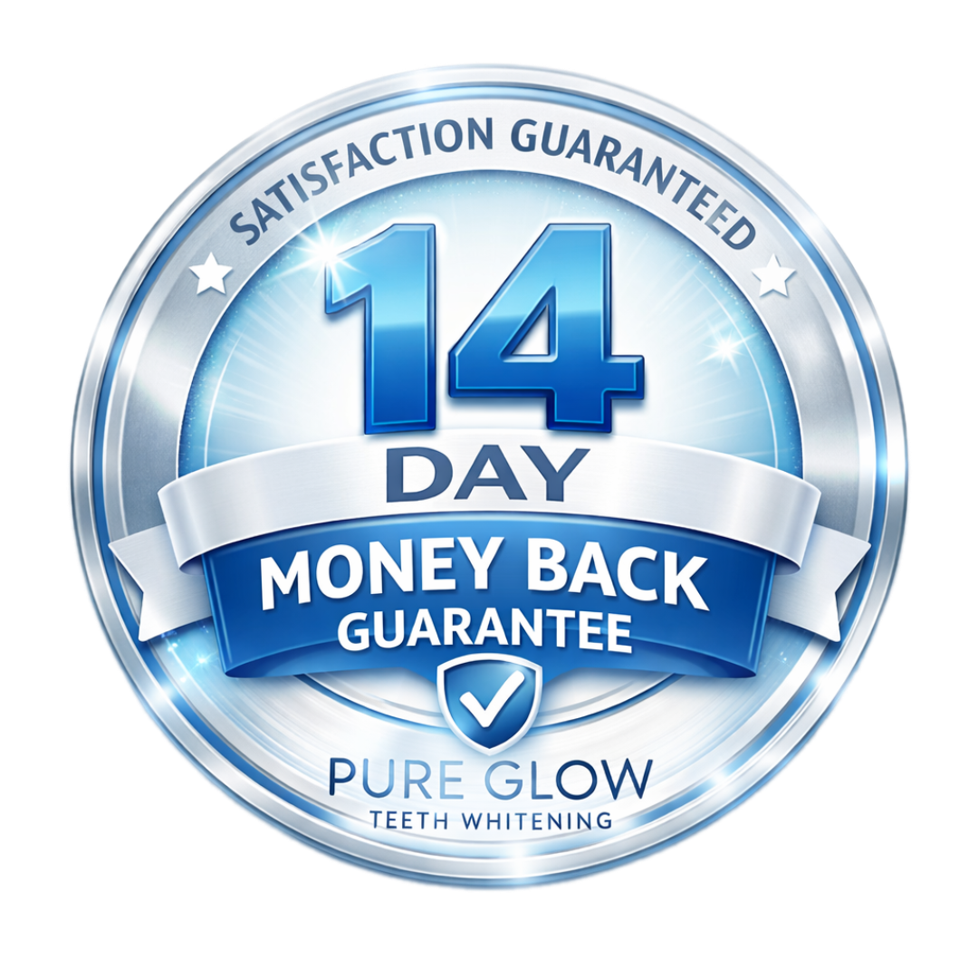 Pure Glow teeth whitening strips with a 14-day money-back guarantee badge on a white background