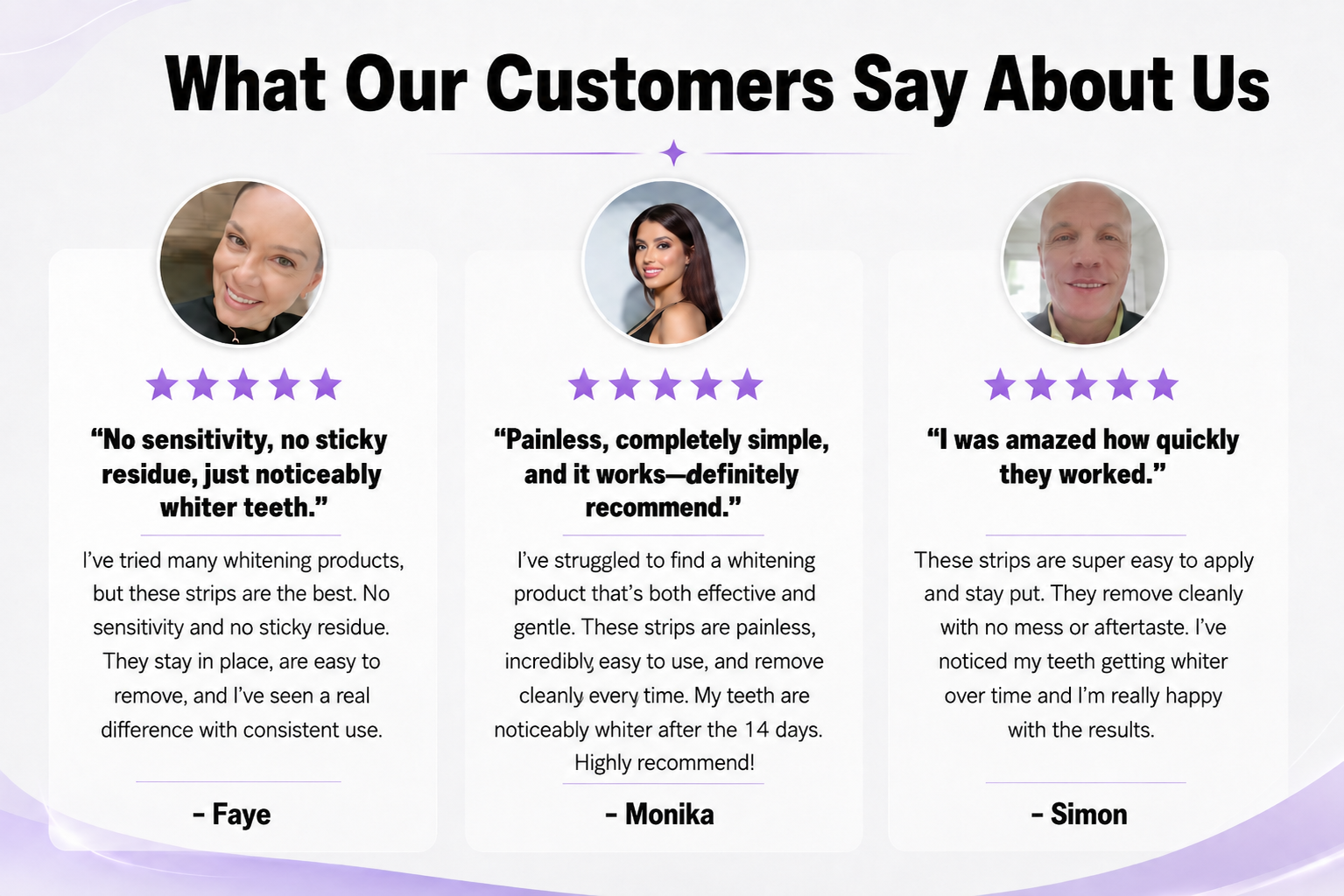 Five-star Pure Glow Teeth Whitening customer reviews describing sensitivity-free whitening, easy application, clean removal and visible teeth whitening results.