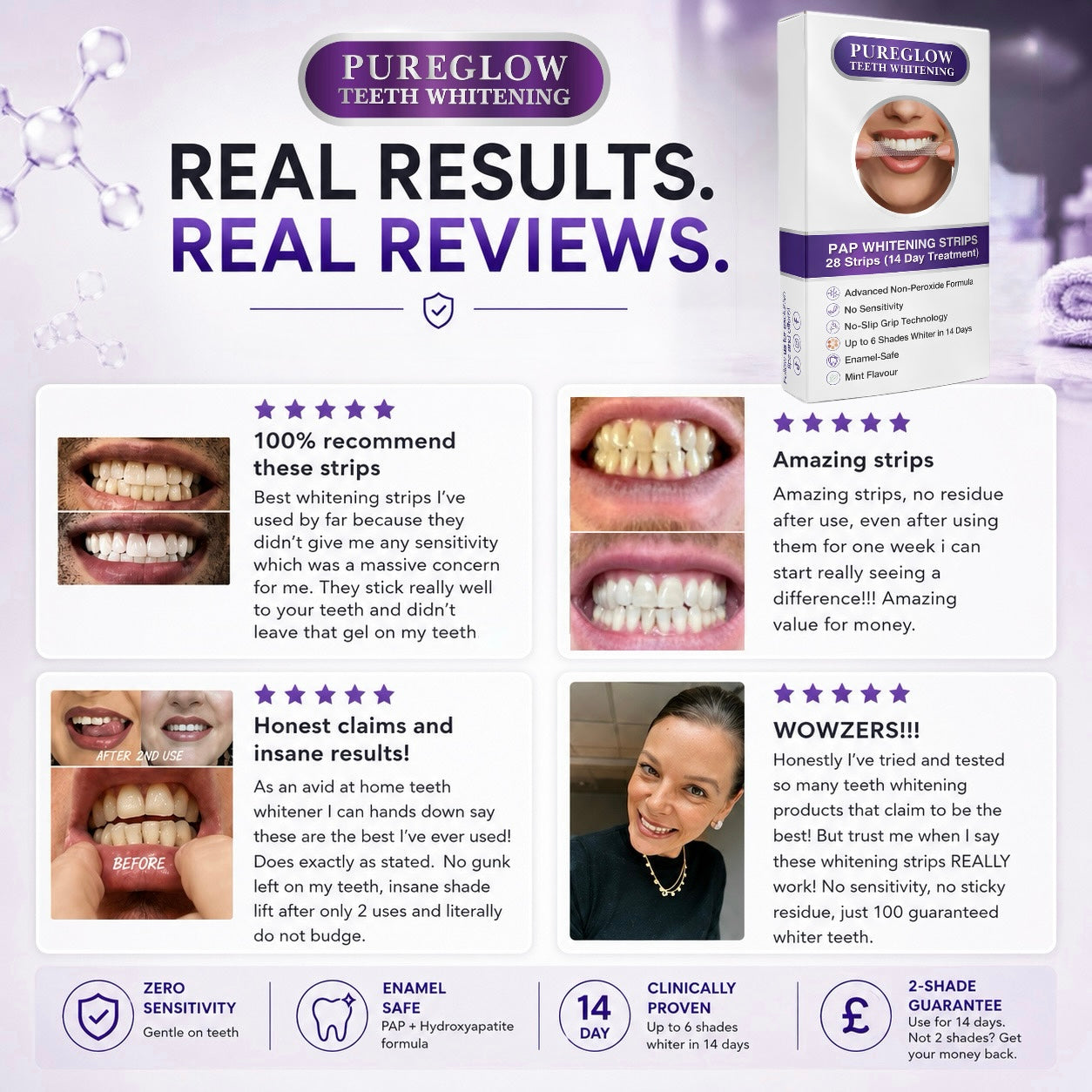 Pure Glow Teeth Whitening customer reviews plus before and after images using there PAP no sensitivity whitening strips.