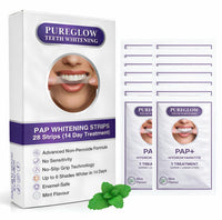 Pure Glow 28 PAP teeth whitening strips box with 14 whitening sachets, zero sensitivity and enamel safe