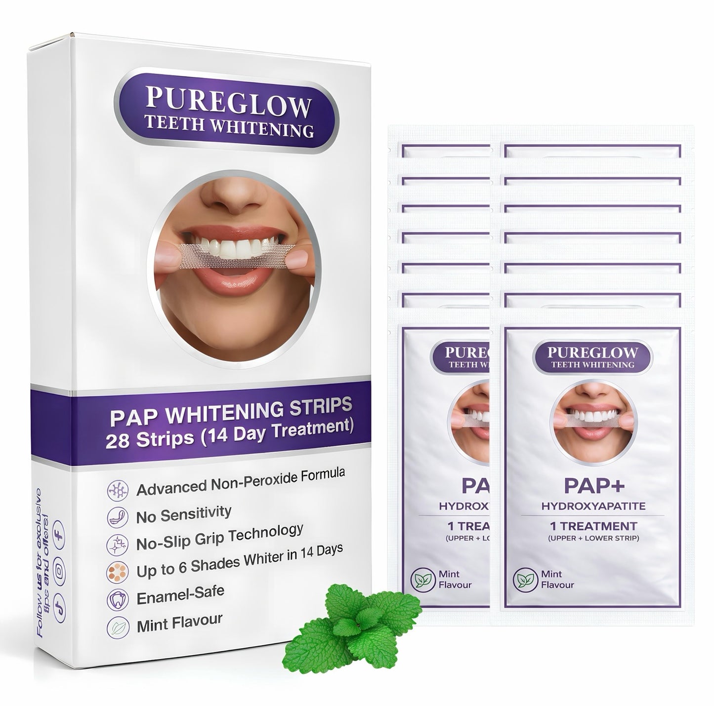 Showing the content of a single box of Pure Glow Teeth Whitening Strips 14 sachets contains 2 strips each for a complete two week teeth whitening treatment.
