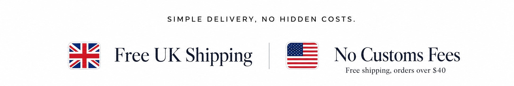 Pure Glow Teeth Whitening delivery banner showing free UK shipping and no customs fees for US customers, with free US shipping on orders over $40.