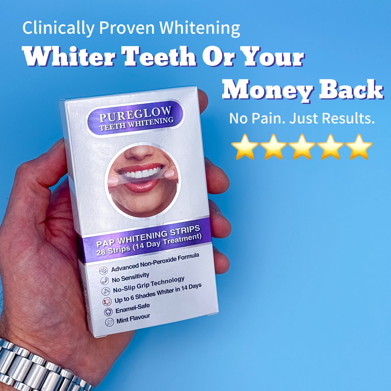 PureGlow PAP Whitening Strips box held in hand against a blue background with 5-star rating