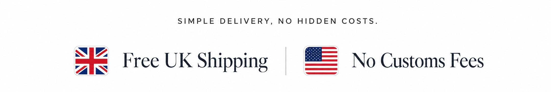 Pure Glow Teeth Whitening’s free UK shipping and no customs fees with British and American flags.