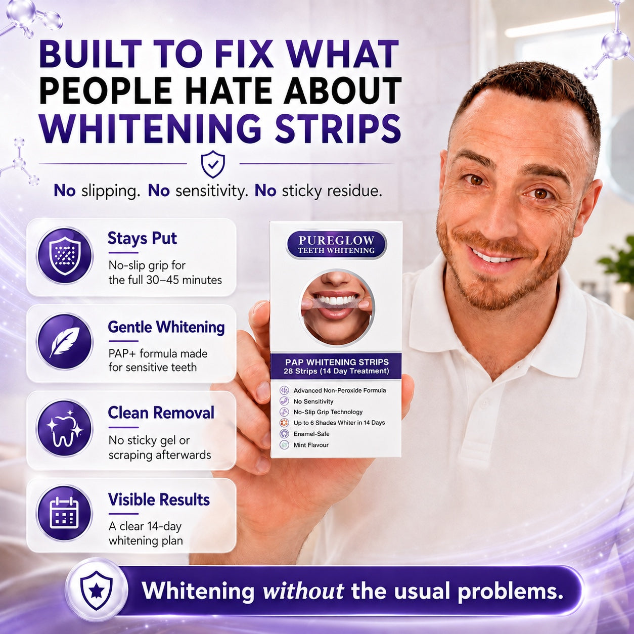 Pure Glow PAP+ teeth whitening strips benefits showing a dry-fit no-slip grip, gentle whitening for sensitive teeth, clean removal and visible results in 14 days. 
