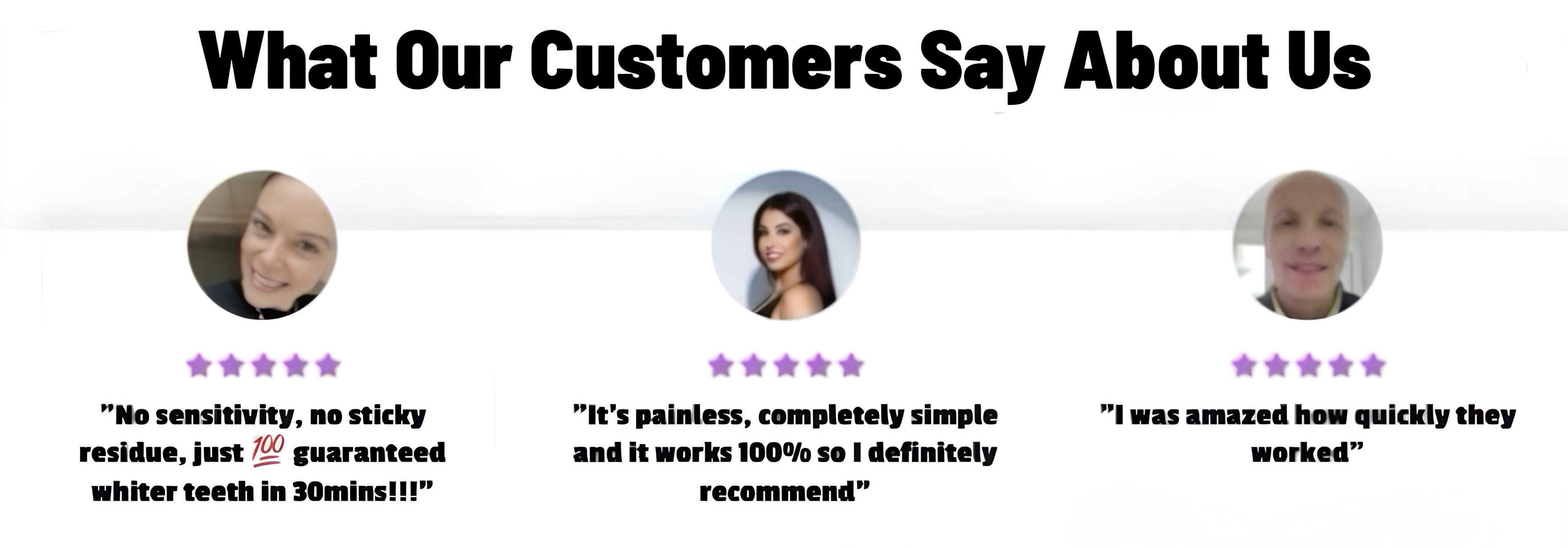 Customer testimonials with ratings and text on a white background for pure glow teeth whitening strips