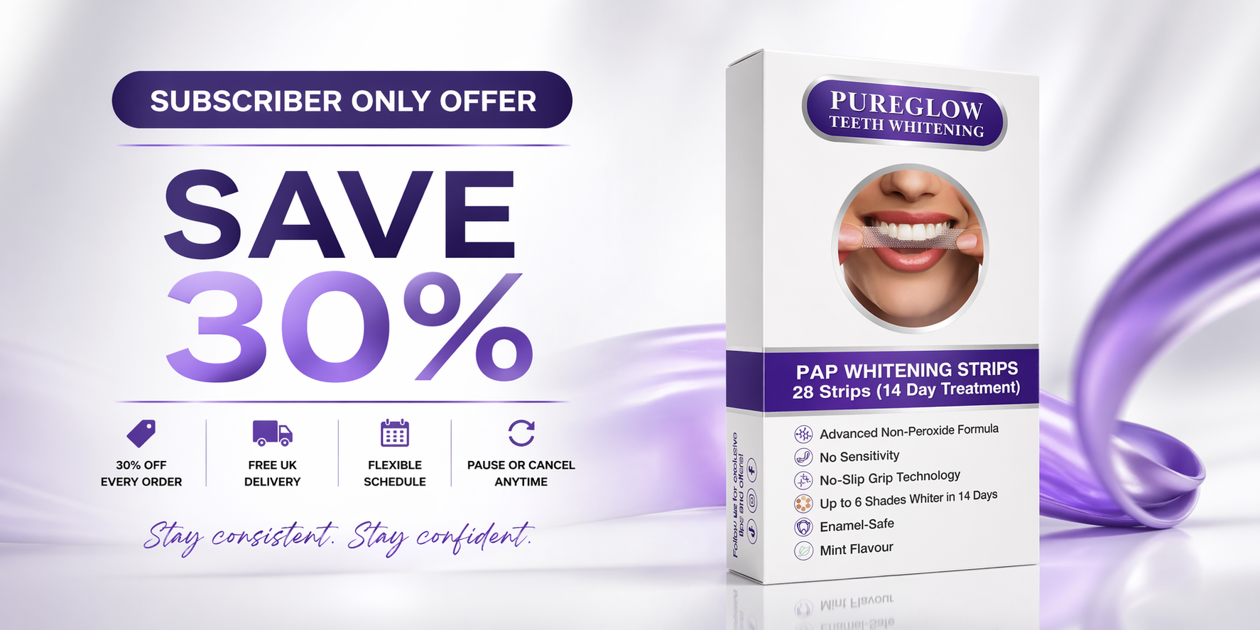 Promotional image of Pure glow teeth whitening strips packaging with a discount offer on a white background.