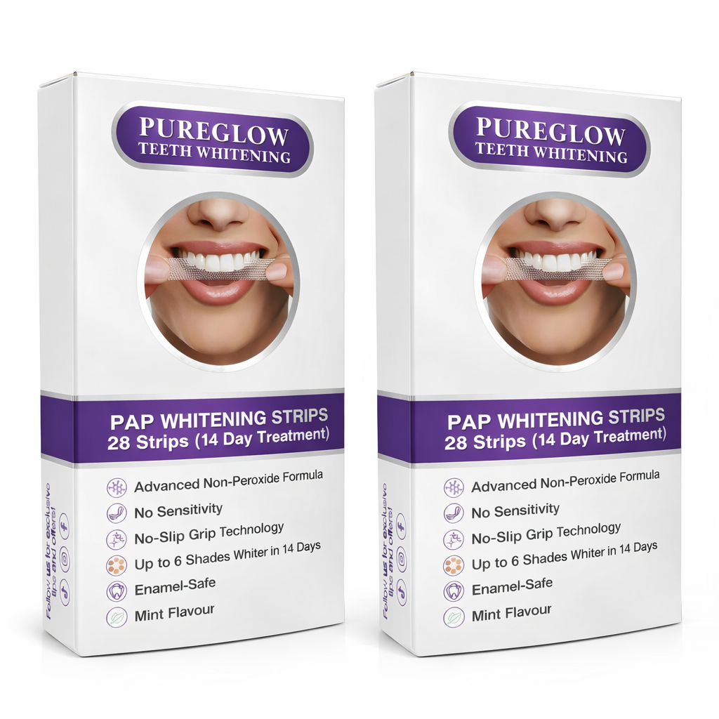 Two boxes of Pure Glow PAP teeth whitening strips bundle pack for longer lasting whitening treatments with peroxide-free formula for sensitive teeth