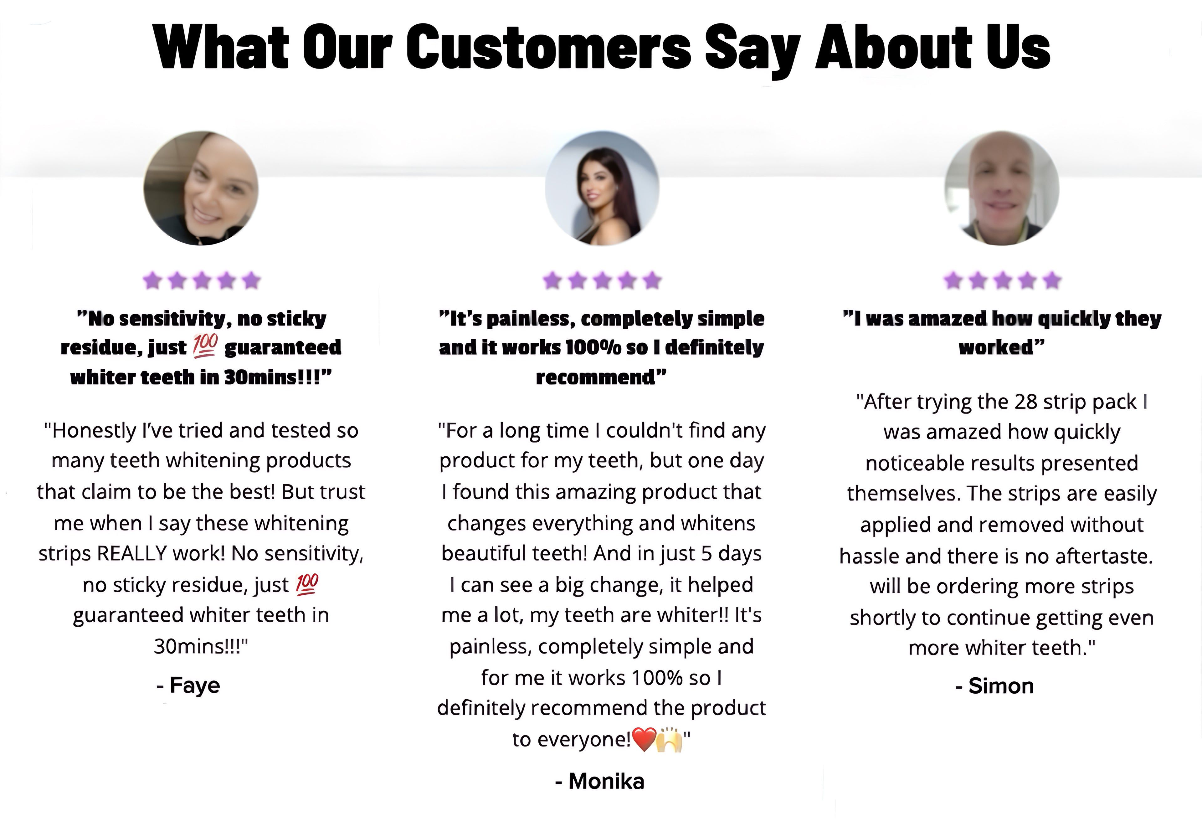 Customer testimonials about a pure glow teeth whitening strips 5 star ratings on a white background