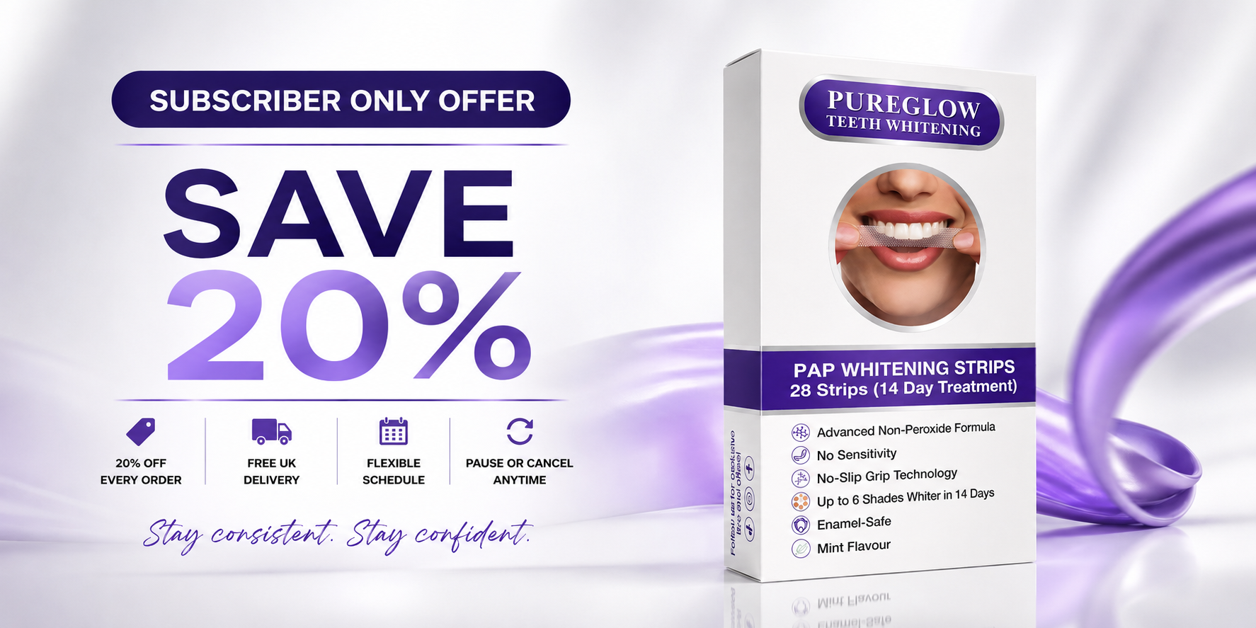 Peroxide-free Pure Glow PAP teeth whitening strips subscription with 20% off, free UK delivery and enamel-safe whitening for sensitive teeth.