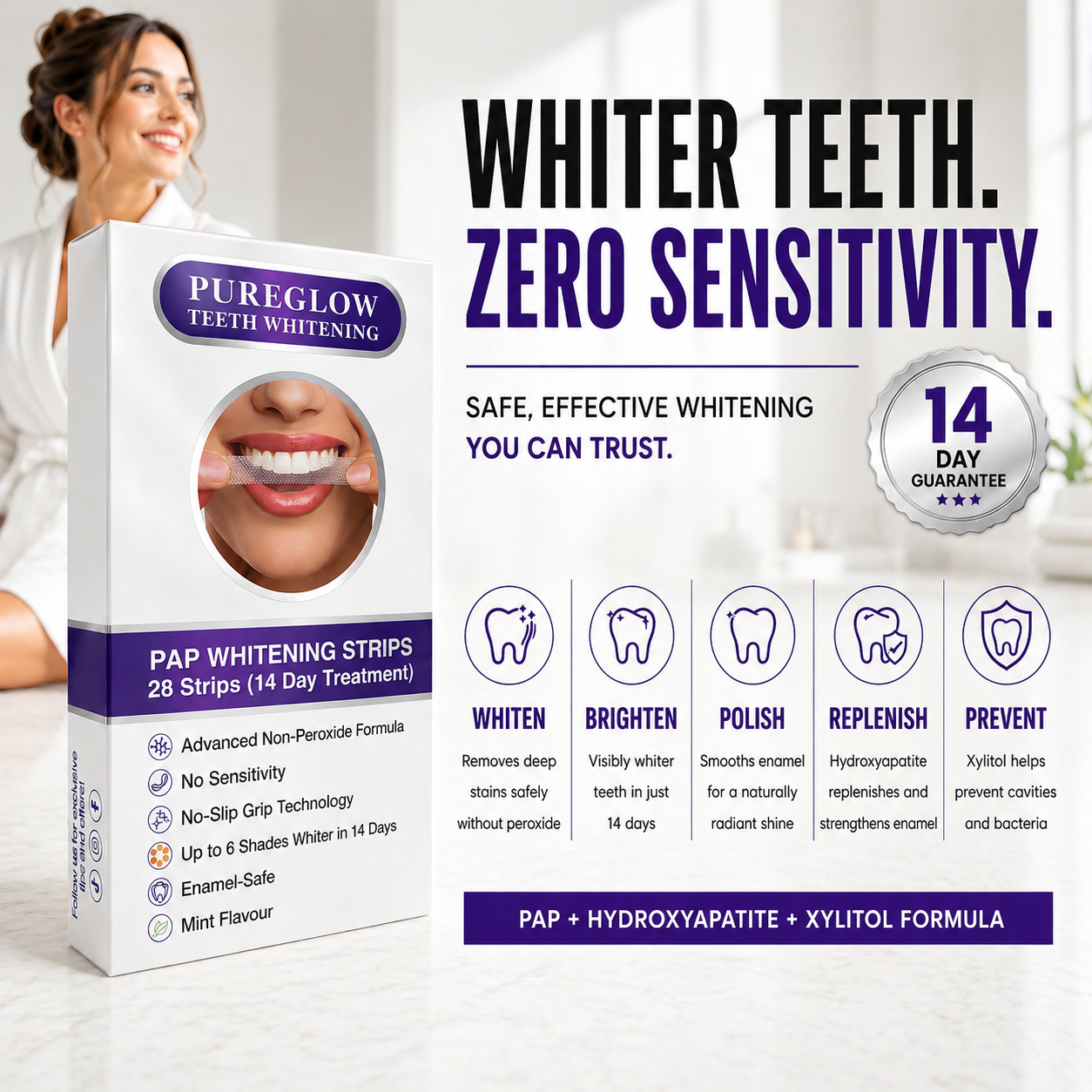 Pure Glow PAP teeth whitening strips hero image showing peroxide free whitening strips for sensitive teeth, zero sensitivity formula, up to 14 day visible results and trusted at home teeth whitening kit