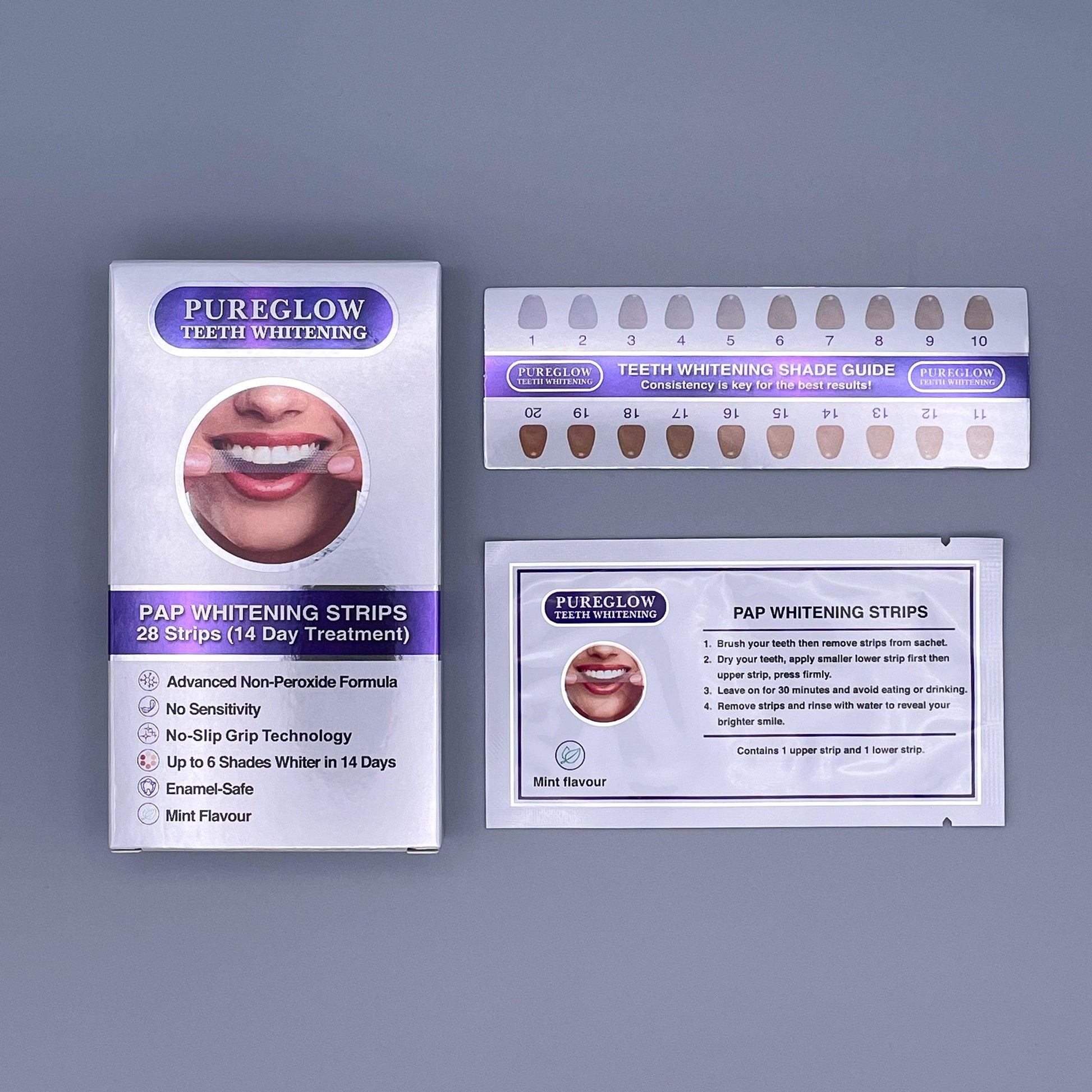 PureGlow Teeth Whitening Strips kit displayed with product box, shade guide, and individual strip packet. Designed to whiten teeth up to 6 shades, ideal for sensitive teeth with peroxide-free formula.